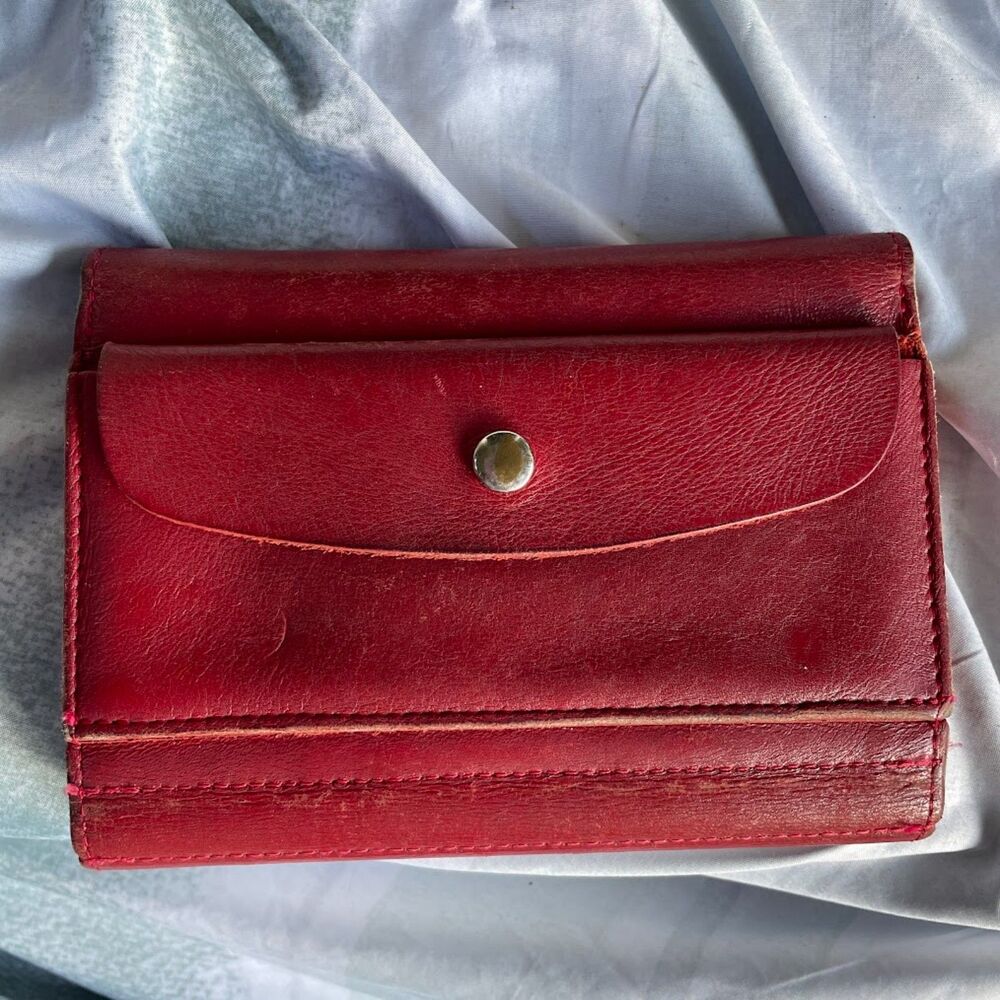 Vintage 70s HANDMADE RED LEATHER Big Clutch Wallet Checkbook Holder Coin Purse